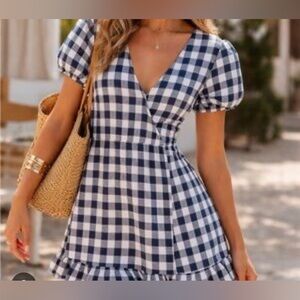 Hyped Unicorn Navy Gingham Puff-Sleeve Wrap Mini Dress Large